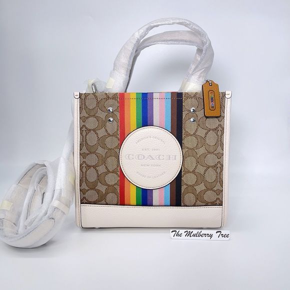 Coach CJ576 Dempsey Tote 22 Khaki Signature Jacquard Rainbow Stripe NWT $398 - Picture 1 of 12